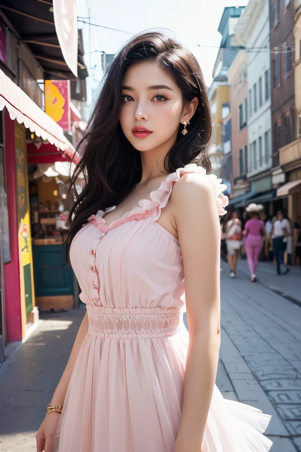 1 woman, Beautiful girl, beautiful face, Nice theme style, fancy, fine details, (best quality), (intricate details), cute style, chic style, fancy, cute candy full city background, Leave it in front of the candy store, ((long healthy black hair)), best quality, ((Pink bodysuit and beautiful off-white frilly high-low tulle dress., left a surprising impression on, fancy woman)), (Beautiful style)), beautiful face, funny, Cute face, pin-up, perfect face, cute candy store background portrait (masterpiece : 1.2, top quality), (Original image, intricate details), (1 woman, alone, upper body, chest) clothes: sharp, Refined, cool, trend, non-standard, Avantgarde, experimental look: Hair popular female or cute colors, natural makeup, unusual fashion choices, idol star behavior: cool, nonconformist, Refined Place: A city full of sweets, Underground music world hobbies: wants to decorate the world with candy and colors fancy, Creating art with mixed media, Subcultural experimentation, diverse values: individuality , certainty, Source of creative expression and inspiration: Beautiful and cute, Counterculture icon, Avantgarde art movements Character traits: brave, online, non-standard . Top image, Intermediate image, front view