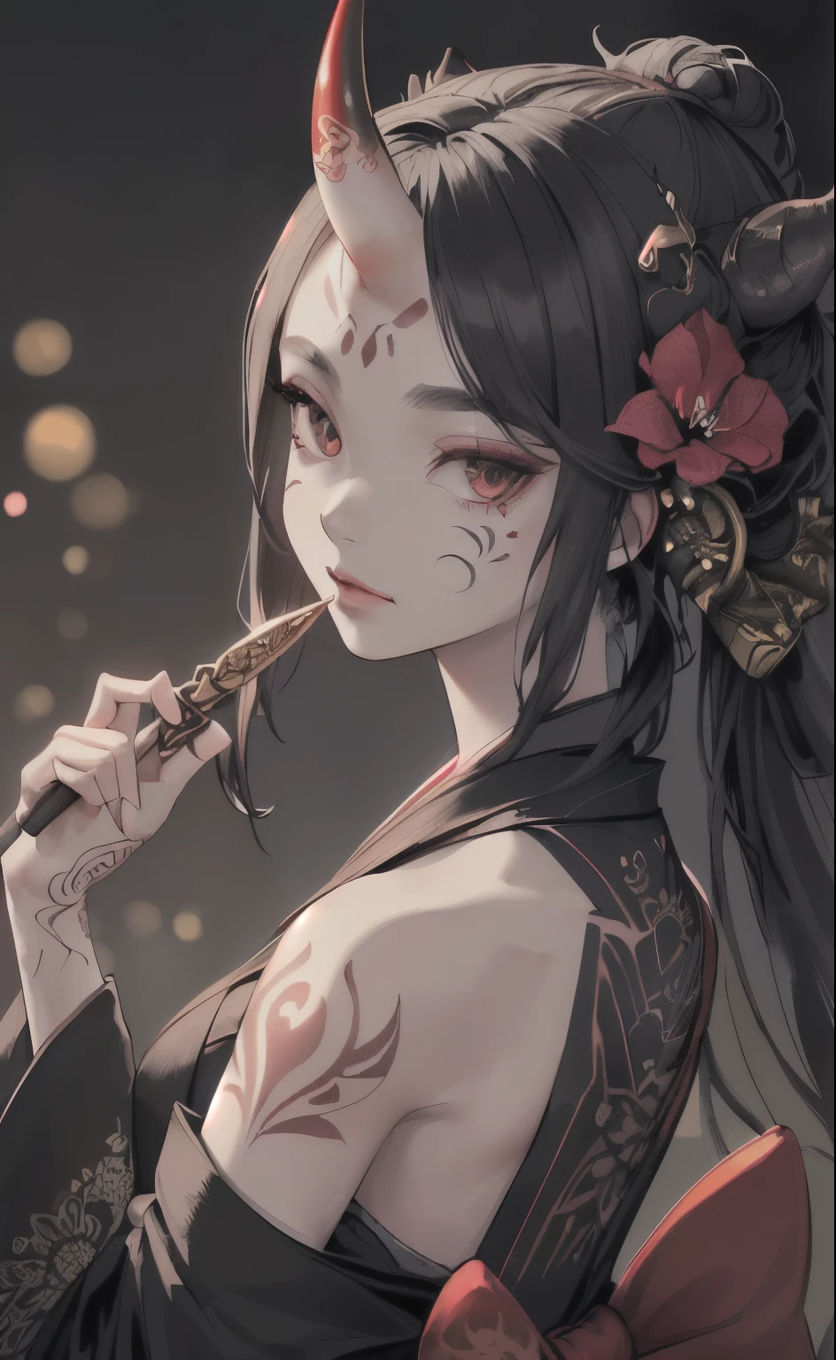 (Realistic:1.3), masterpiece, highest quality, (Intricate details:1.2), (scenery:1.3), Beautiful Face, (Black Theme:1.3),
(((One girl, A girl wearing a patterned kimono and holding a dagger in her hand, (View Viewer:1.3), (Face Tattoos:1.2), Small demon horn,
))), whole body, Divide in half