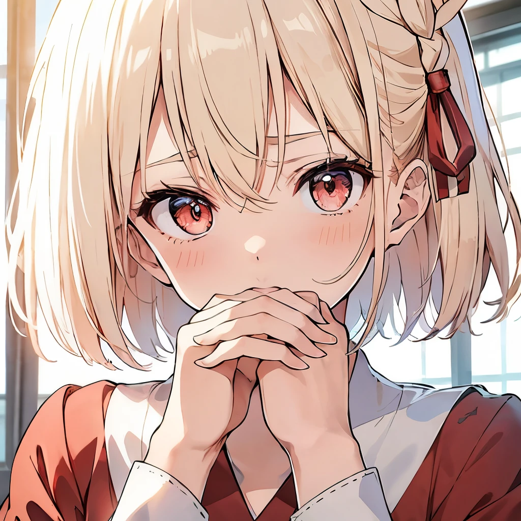 ((highest quality)), ((masterpiece)), (detailed), Perfect Face、studying、Thinking with head in hands、blonde、Smooth Hair、Sailor suit、machine、pen、