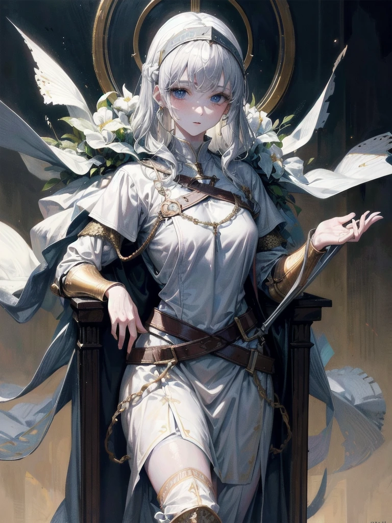 whole body, Joan of Arc, absurdres, RAW photo, extremely delicate and beautiful, masterpiece, Best Quality, ultra high resolution, 32k, hyperrealistic, ultra-detailed, perfect figure, detailed description, pale skin, 20 years old, detailed beautiful face and eyes, tearful mole, earring, short medium hair, wavy hair, 