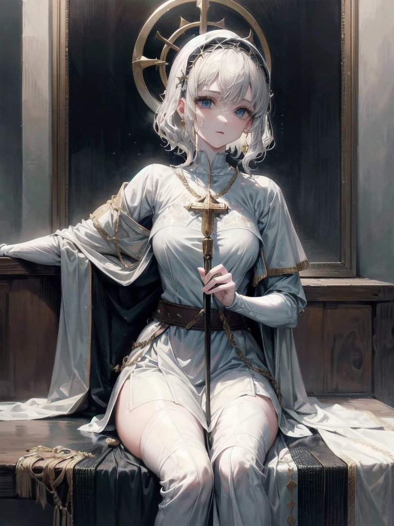 whole body, Joan of Arc, absurdres, RAW photo, extremely delicate and beautiful, masterpiece, Best Quality, ultra high resolution, 32k, hyperrealistic, ultra-detailed, perfect figure, detailed description, pale skin, 20 years old, detailed beautiful face and eyes, tearful mole, earring, short medium hair, wavy hair,