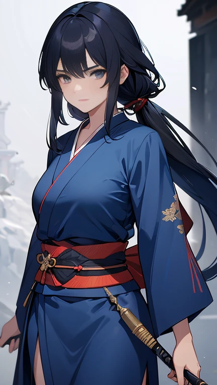 ((highest quality, 8k, masterpiece: 1.3)), Highly detailed face and skin texture, Fine grain,A girl in a female ninja kimono, Blue kimono,Loincloth, Black Hair, Long Hair,  throw a kunai