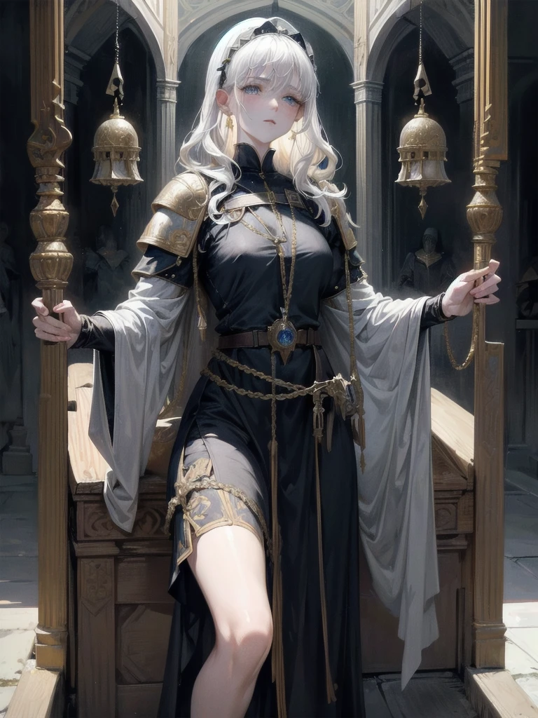 whole body, Joan of Arc, absurdres, RAW photo, extremely delicate and beautiful, masterpiece, Best Quality, ultra high resolution, 32k, hyperrealistic, ultra-detailed, perfect figure, detailed description, pale skin, 20 years old, detailed beautiful face and eyes, tearful mole, earring, short medium hair, wavy hair, 