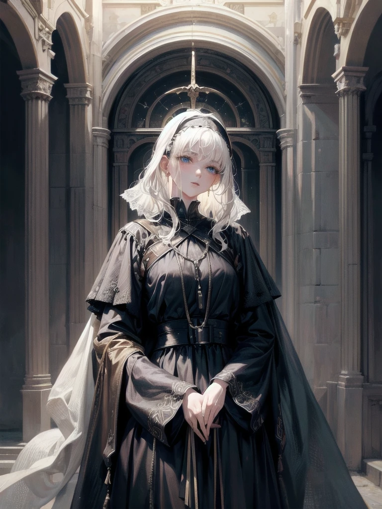 whole body, Joan of Arc, absurdres, RAW photo, extremely delicate and beautiful, masterpiece, Best Quality, ultra high resolution, 32k, hyperrealistic, ultra-detailed, perfect figure, detailed description, pale skin, 20 years old, detailed beautiful face and eyes, tearful mole, earring, short medium hair, wavy hair,