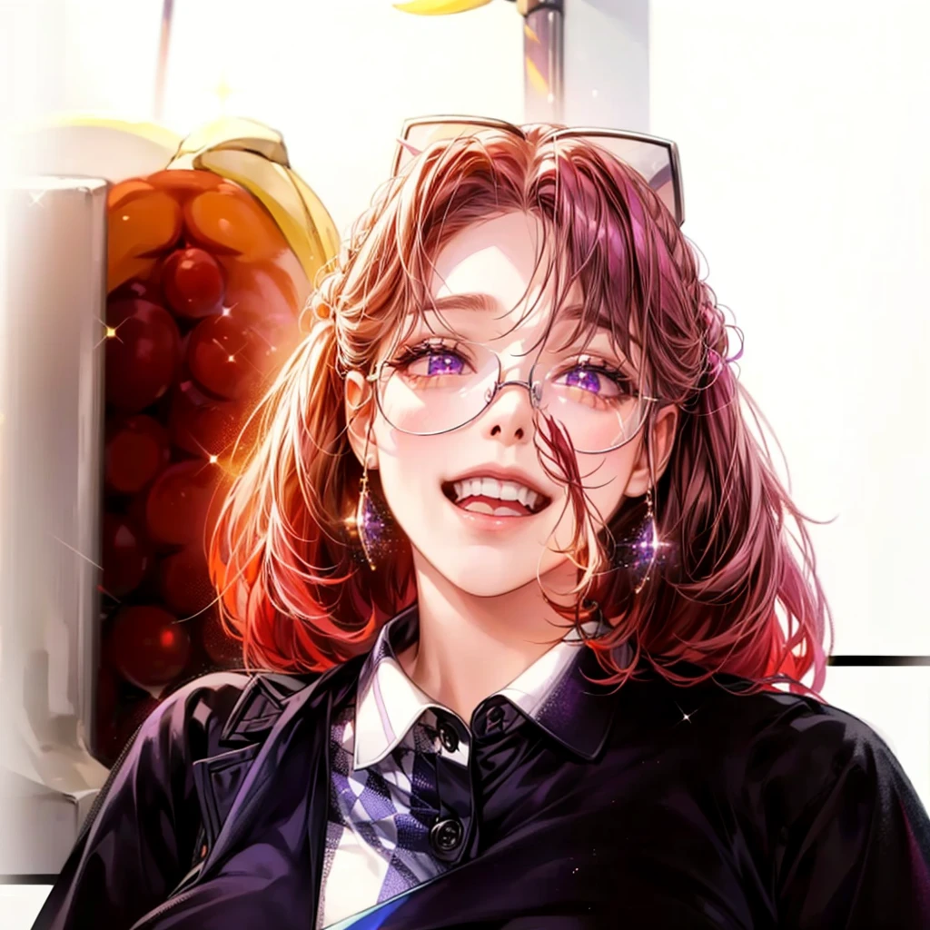 She is a lavender she wears a banana polo t-shirt and a vermilion plaid skirt. She also wears black glasses.  SPARKLE; GLITTER