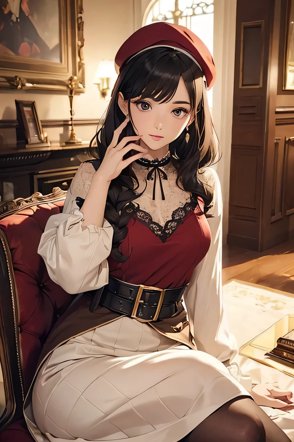 highest quality、High resolution、Detailed Background、(Beautiful face in every detail:1.4)、Anatomically correct、(Detailed facial expressions)、(Detailed eyes:1.2)、Teenage beauty、(Highly detailed face:1.4)、Black Hair、Brown Hair、Bobcut、Braided long hair、Wavy Hairstyle、well-groomed eyebrows、Cute Eye Makeup、Cute Lip Makeup、Do cute things、Princess Style、Elegant atmosphere、

(A girl in an elegant ladylike outfit in a spacious Western-style mansion:1.5)、

Choose a high-necked blouse made of soft, shiny velvet.、
We recommend elegant wine red or navy.、
The A-line skirt made of tweed with a classic feel is ladylike.、
Knee-length or slightly longer midi length is elegant.、Grey or beige tweed、
Put on a woolen coat with a belt、We recommend camel or greige for a classy look.、The velour collar adds an accent、
Pair with suede side gore boots、The stylish silhouette creates a ladylike atmosphere.、Black and dark brown are stylish、
Pair it with a classy pearl necklace for an elegant look.、
Add gloves made of lace for an elegant look.、
Wearing a velour beret will give you a sophisticated look.、

Ornate marble staircase、A luxuriously decorated reception room with high ceilings、A painting room decorated with paintings, sculptures and other artworks、A library with books and magazines、Four Seasons Discount々Flowers々A garden in full bloom、The interior of the Western-style building and garden、very beautiful