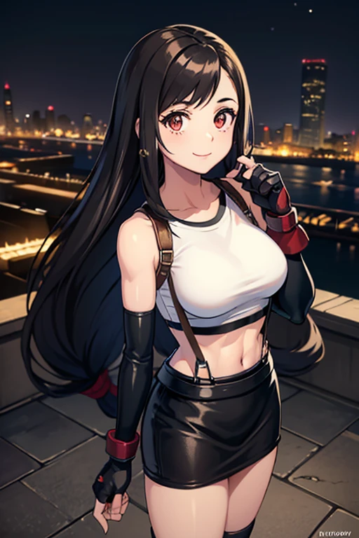 (masterpiece), highest quality, Expressive eyes, Perfect Face, 1 girl, alone, Deftifa, White crop top, Elbow pads, Fingerless gloves, suspenders, Pencil Skirt, Black socks, Red Boots, city, metallic city, night, smile, Pause, Are standing, Upper Body, Portraiture, Looking at the audience,