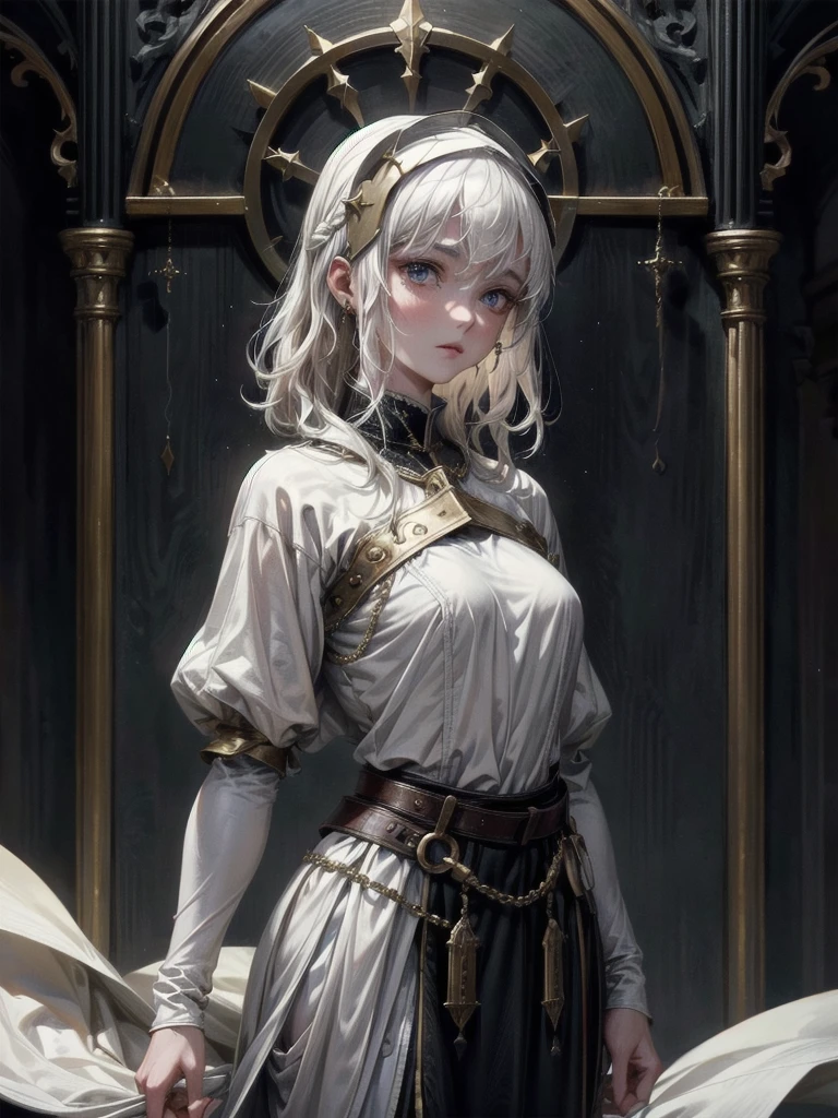 whole body, Joan of Arc, absurdres, RAW photo, extremely delicate and beautiful, masterpiece, Best Quality, ultra high resolution, 32k, hyperrealistic, ultra-detailed, perfect figure, detailed description, pale skin, 20 years old, detailed beautiful face and eyes, tearful mole, earring, short medium hair, wavy hair,