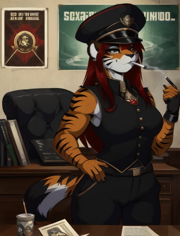 Warhammer_40 thousand_Commissar,((masterpiece)), (Best quality), (detailed), Black uniform sleeveless shirt , mascara, Eyeliner, eyeshadow, Upper body, pomade, женщина anthro furry tiger, Propaganda poster, wicked, bristle,
 (8k contract, masterpiece, Best quality, High quality, absurdity, ultra-detailed), masterpiece, Best quality,  long hair, (cute face 1:1), smokes a cigarette, cigarette in hand, in black trousers, wearing a red shirt, in a black vest, in a black fedora, wear fingerless gloves, in the office