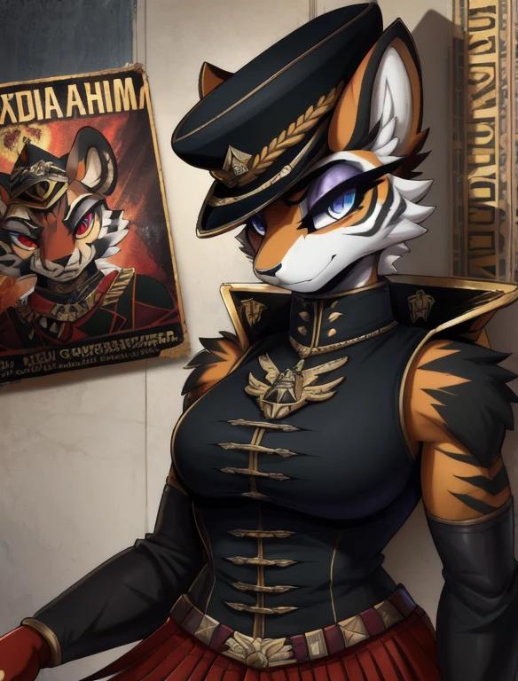 Warhammer_40 thousand_Commissar,((masterpiece)), (Best quality), (detailed), Black uniform sleeveless shirt , mascara, Eyeliner, eyeshadow, Upper body, pomade, женщина anthro furry tiger, Propaganda poster, wicked, bristle,
 (8k contract, masterpiece, Best quality, High quality, absurdity, ultra-detailed)