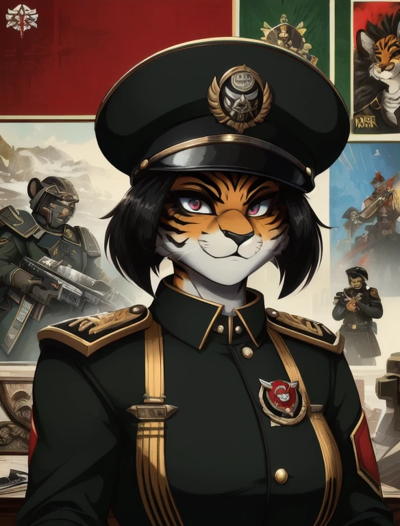 Warhammer_40 thousand_Commissar,((masterpiece)), (Best quality), (detailed), Black uniform, mascara, Eyeliner, eyeshadow, Upper body, pomade, женщина anthro furry tiger, Propaganda poster, wicked, bristle,
 (8k contract, masterpiece, Best quality, High quality, absurdity, ultra-detailed)