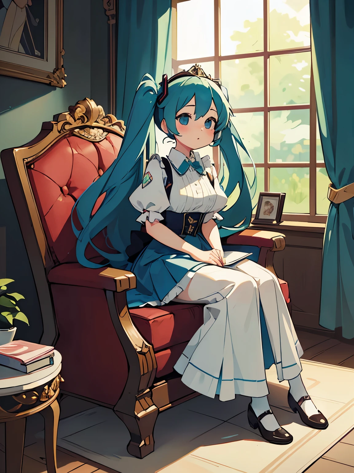 (masterpiece、highest quality、highest quality、Official Art、Beautiful and beautiful:1.2)、(One girl:1.3)Hatsune Miku、Twin tails,Big Breasts,(Best image quality, masterpiece:1.2), (Ultra high definition illustration), Browsing Caution, (Very cute princess:1.3), (1 girl:1.2), alone, (Shoot from very low) ,(Condescending look) Browsing Caution, Gorgeous blue dress, No sleeve, Long skirt, Sit on the throne chair, Queen's Crown, Showing panties, whole body, (Glasses, Shortcuts), Japanese, Underarm, (White thigh-high pantyhose:1.2), Wicked Smile, Mean face, Luxurious palace room, Fancy Room, RPG Royale, (Spread your legs), Beautiful feet,