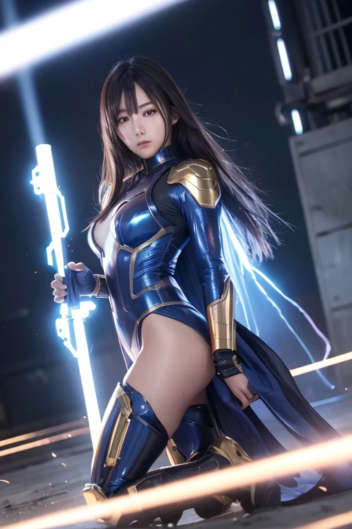 High resolution、8k、Digital Cyberpunk Art、Brown medium-long hair、Shiny metallic、(Wearing a blue powered suit with white LED lights)、(Stand on a devastated battlefield)、Japanese Girls、(superhero landing)
