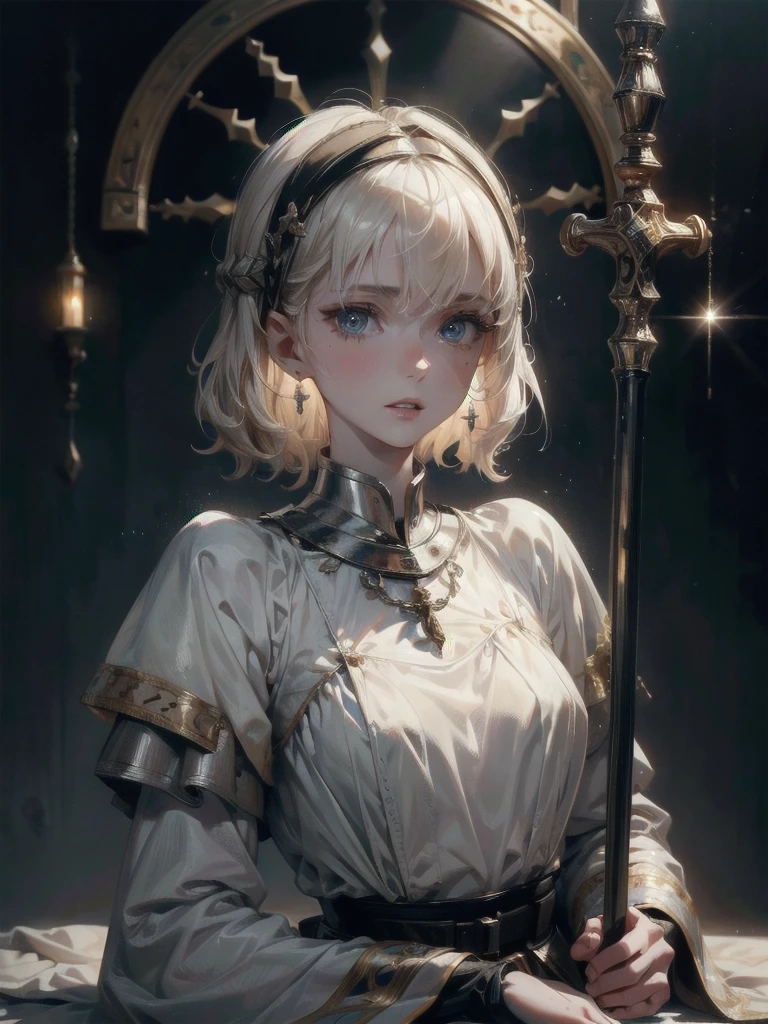 whole body, Joan of Arc, absurdres, RAW photo, extremely delicate and beautiful, masterpiece, Best Quality, ultra high resolution, 32k, hyperrealistic, ultra-detailed, perfect figure, detailed description, pale skin, 20 years old, detailed beautiful face and eyes, tearful mole, earring, short medium hair, wavy hair,