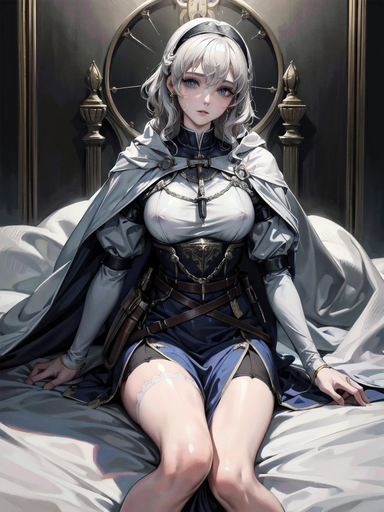 whole body, Joan of Arc, absurdres, RAW photo, extremely delicate and beautiful, masterpiece, Best Quality, ultra high resolution, 32k, hyperrealistic, ultra-detailed, perfect figure, detailed description, pale skin, 20 years old, detailed beautiful face and eyes, tearful mole, earring, short medium hair, wavy hair, 