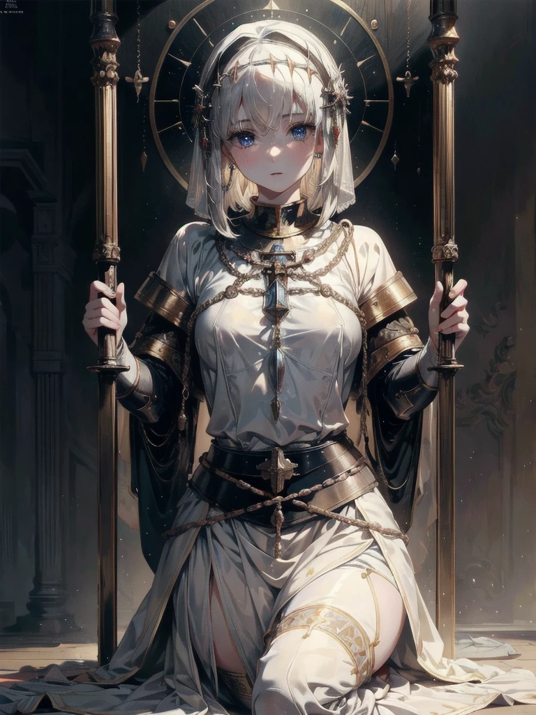 whole body, Joan of Arc, absurdres, RAW photo, extremely delicate and beautiful, masterpiece, Best Quality, ultra high resolution, 32k, hyperrealistic, ultra-detailed, perfect figure, detailed description, pale skin, 20 years old, detailed beautiful face and eyes, tearful mole, earring, short medium hair, wavy hair, 