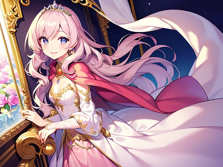 (kawaii),(best quality),(ultra detailed),(rococo style),(long train pastel pink cape:1.15), very long cape,(long train white ball gown with flower decorations:1.1), a girl is wearing a cape over her gown, 1 little princess, tiara, smile, very long hair, small breasts, beautiful detailed eyes, beautiful detailed lips, looking at viewer