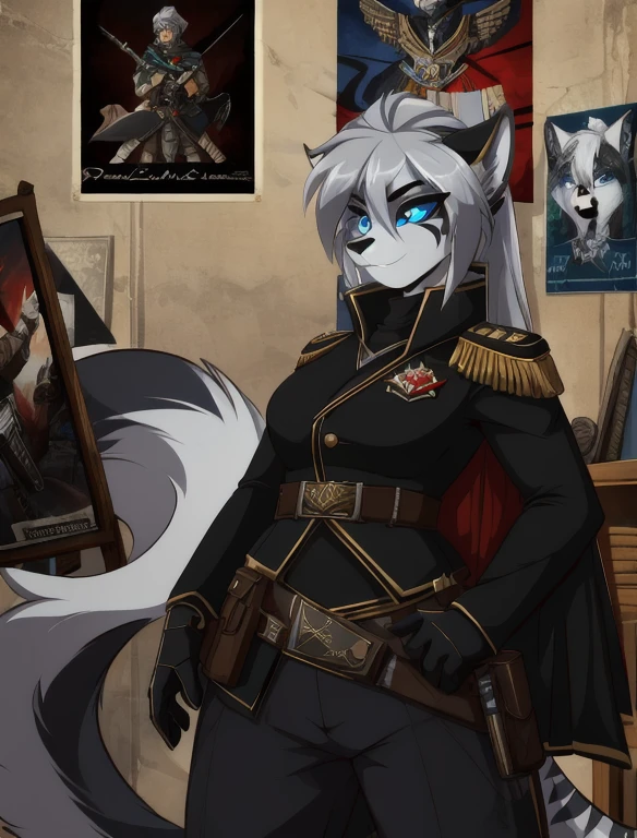 Warhammer_40 thousand_Commissar,((masterpiece)), (Best quality), (detailed), Black uniform, mascara, Eyeliner, eyeshadow, Upper body, pomade, женщина anthro furry tiger, Propaganda poster, wicked, bristle,
 (8k contract, masterpiece, Best quality, High quality, absurdity, ultra-detailed), Templar Cloak，Bigtail wolf，gray hair，blue eyes，female，Long white hair