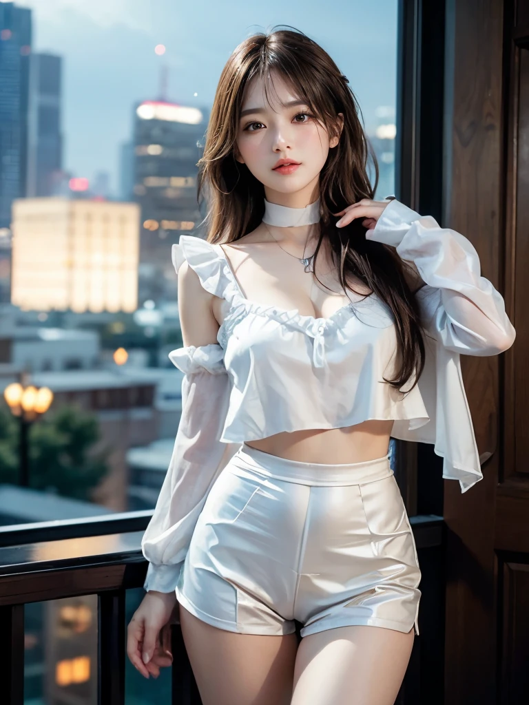 masterpiece, 1 beautiful girl, Detailed eyes, highest quality, 超A high resolution, (Realistic: 1.4), Cinema Lighting, Japanese, Super Beauty, Beautiful Skin, Slender, Frontal shooting angle, (A hyper-Realistic), (highlight resolution), (8k), (Very detailed), (Beautiful and detailed eyes), (Super detailed)、 (wall-), Detailed face, Bright lighting, Professional Lighting, Take in the view, Look straight ahead, (The costume is white with puff sleeves.、Short shorts), Brown long hair, My hair is messy, See-through bangs, Night cityscape, Gravure idol pose, 20-year-old, expensive, smile,