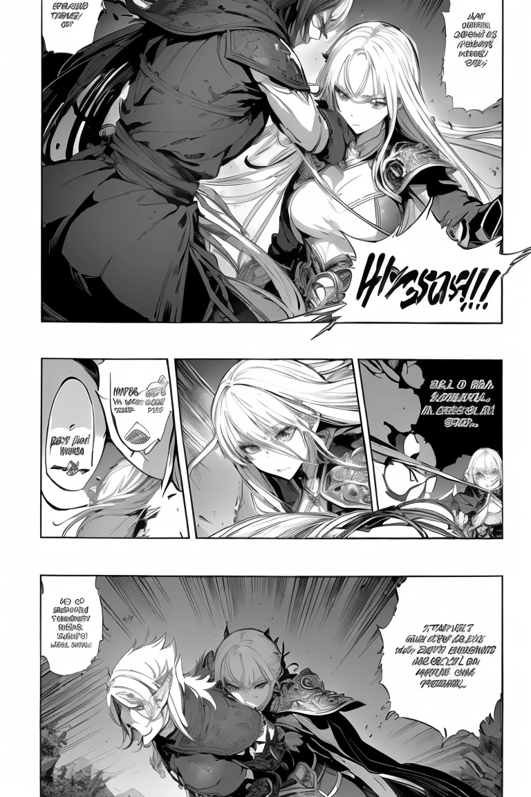 a detailed manga page, a female elf in conflict with a human, dramatic intense battle, highly detailed anime-style characters, intricate fantasy setting, lush green forest background, dramatic lighting, glowing magical effects, flowing hair, intense expression on faces, detailed clothing and armor, cinematic camera angle
