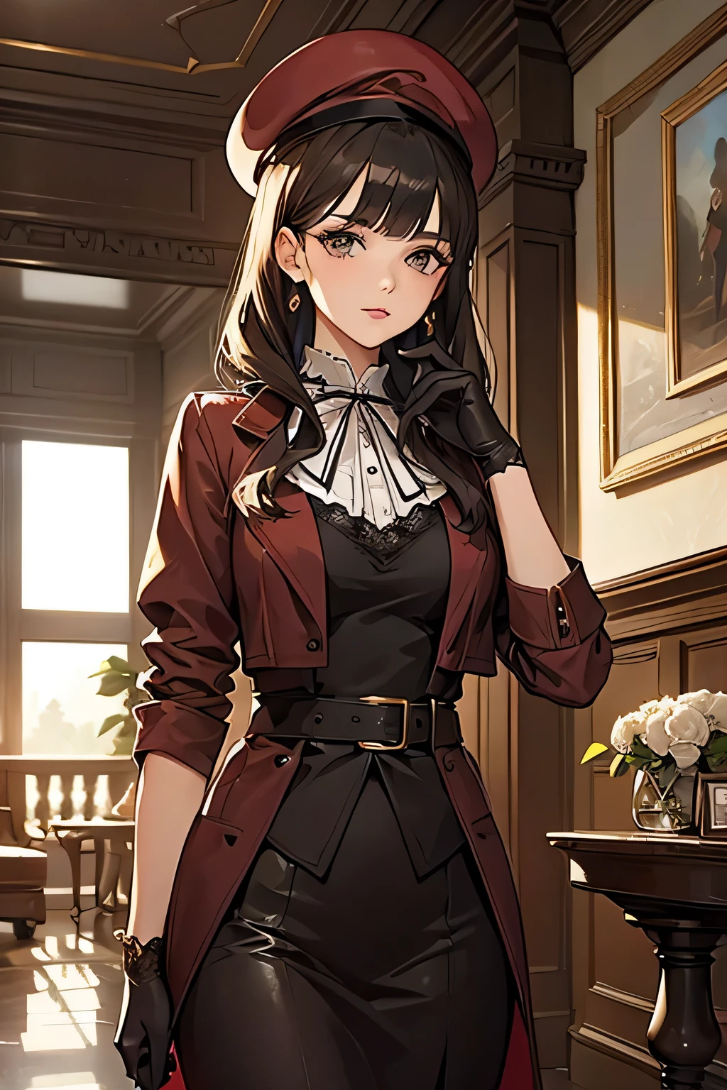 highest quality、High resolution、Detailed Background、(Beautiful face in every detail:1.4)、Anatomically correct、(Detailed facial expressions)、(Detailed eyes:1.2)、Teenage beauty、(Highly detailed face:1.4)、Black Hair、Brown Hair、Bobcut、Braided long hair、Wavy Hairstyle、well-groomed eyebrows、Cute Eye Makeup、Cute Lip Makeup、Do cute things、Princess Style、Elegant atmosphere、

(A girl in an elegant ladylike outfit in a spacious Western-style mansion:1.5)、

Choose a high-necked blouse made of soft, shiny velvet.、
We recommend elegant wine red or navy.、
The A-line skirt made of tweed with a classic feel is ladylike.、
Knee-length or slightly longer midi length is elegant.、Grey or beige tweed、
Put on a woolen coat with a belt、We recommend camel or greige for a classy look.、The velour collar adds an accent、
Pair with suede side gore boots、The stylish silhouette creates a ladylike atmosphere.、Black and dark brown are stylish、
Pair it with a classy pearl necklace for an elegant look.、
Add gloves made of lace for an elegant look.、
Wearing a velour beret will give you a sophisticated look.、

Ornate marble staircase、A luxuriously decorated reception room with high ceilings、A painting room decorated with paintings, sculptures and other artworks、A library with books and magazines、Four Seasons Discount々Flowers々A garden in full bloom、The interior of the Western-style building and garden、very beautiful