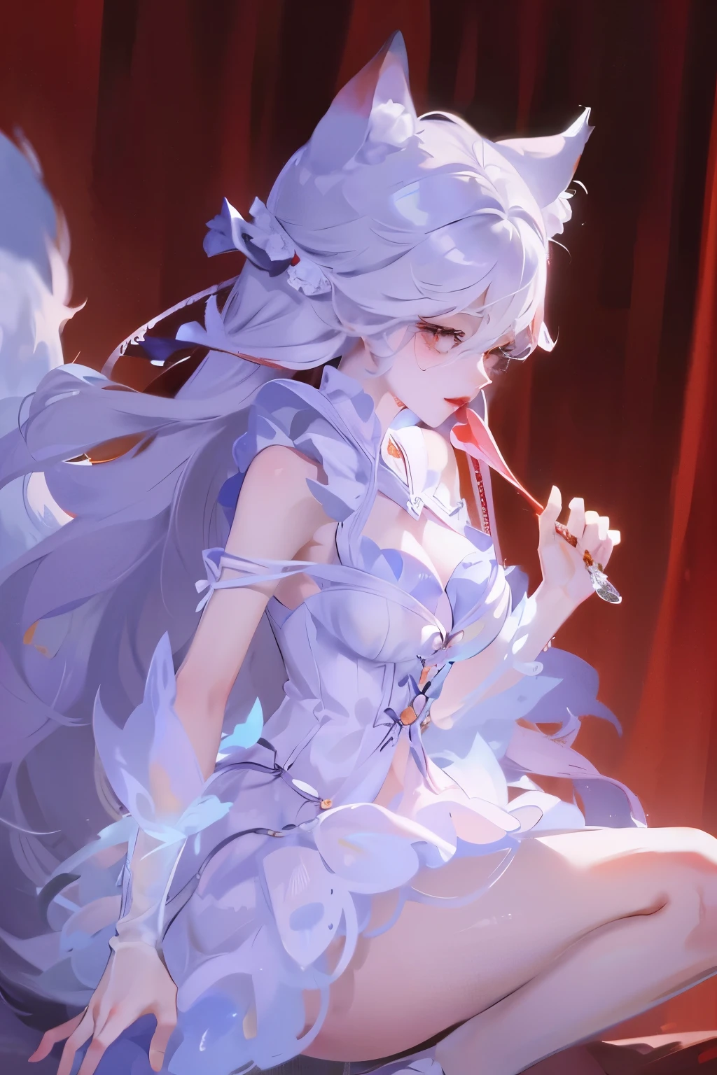 1 Girl,, breast, cleveage, cleveage cutout, dress tailoring, Hair between eyes red lips, white fox ears, White fox tail, Nine-tailed Fox,