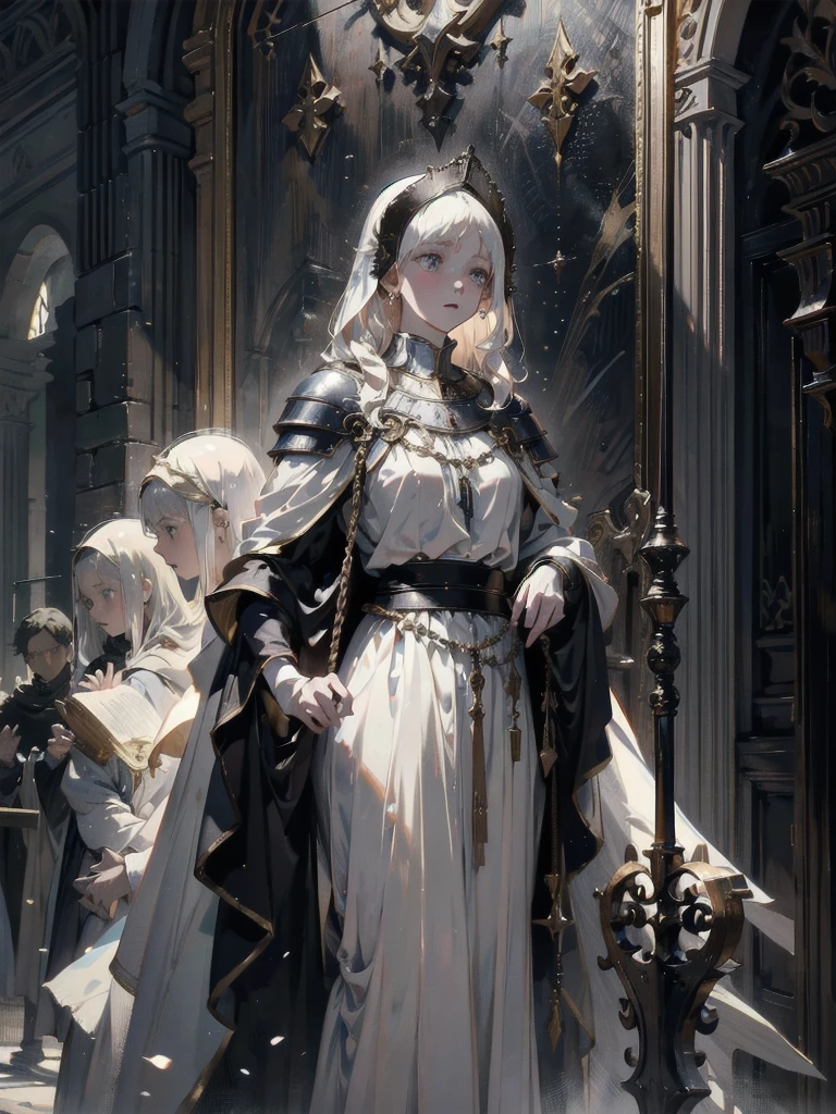 whole body, Joan of Arc, absurdres, RAW photo, extremely delicate and beautiful, masterpiece, Best Quality, ultra high resolution, 32k, hyperrealistic, ultra-detailed, perfect figure, detailed description, pale skin, 20 years old, detailed beautiful face and eyes, tearful mole, earring, short medium hair, wavy hair,