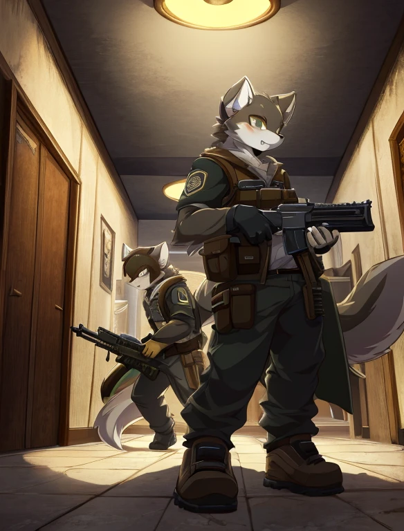 dynamic angle, top quality, best quality, High-quality illustrations, masterpiece, super high resolution, detailed background, detailed background, biohazard, Dim hotel hallway, gun fight, game package, absurdres(highly detailed beautiful face and eyes)perfect anatomy, expression, good lighting, cinematic shadow(kemono, furry anthro),