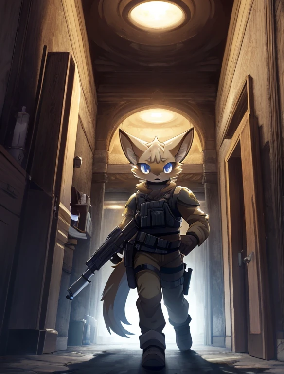 dynamic angle, top quality, best quality, High-quality illustrations, masterpiece, super high resolution, detailed background, detailed background, biohazard, Dim hotel hallway, gun fight, game package, absurdres(highly detailed beautiful face and eyes)perfect anatomy, expression, good lighting, cinematic shadow(kemono, furry anthro),