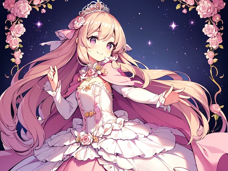 (kawaii),(best quality),(ultra detailed),(rococo style),(long train pastel pink cape:1.15), very long cape,(long train white ball gown with flower decorations:1.1), a girl is wearing a cape over her gown, 1 little princess, tiara, smile, very long hair, small breasts, beautiful detailed eyes, beautiful detailed lips, looking at viewer