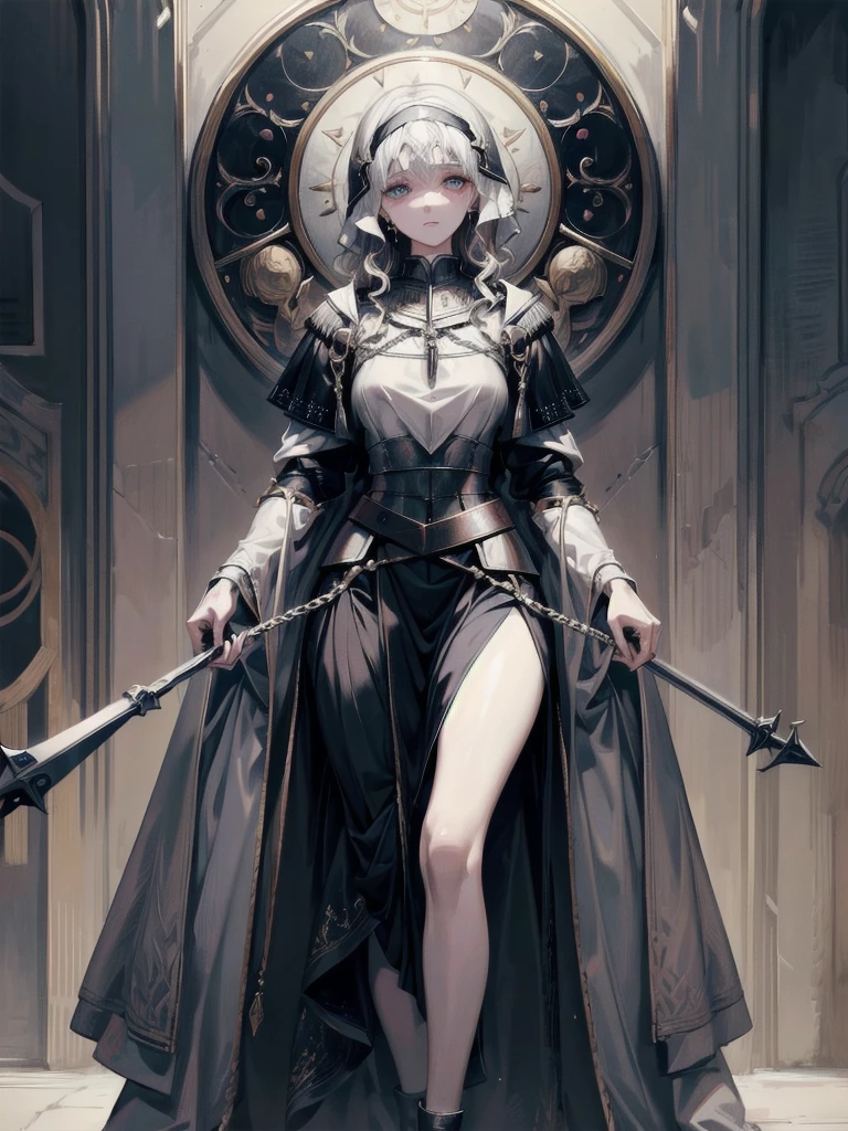 whole body, Joan of Arc, absurdres, RAW photo, extremely delicate and beautiful, masterpiece, Best Quality, ultra high resolution, 32k, hyperrealistic, ultra-detailed, perfect figure, detailed description, pale skin, 20 years old, detailed beautiful face and eyes, tearful mole, earring, short medium hair, wavy hair,
