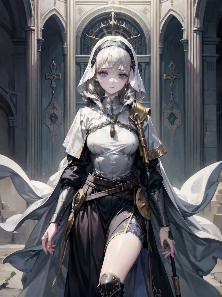 whole body, Joan of Arc, absurdres, RAW photo, extremely delicate and beautiful, masterpiece, Best Quality, ultra high resolution, 32k, hyperrealistic, ultra-detailed, perfect figure, detailed description, pale skin, 20 years old, detailed beautiful face and eyes, tearful mole, earring, short medium hair, wavy hair, 
