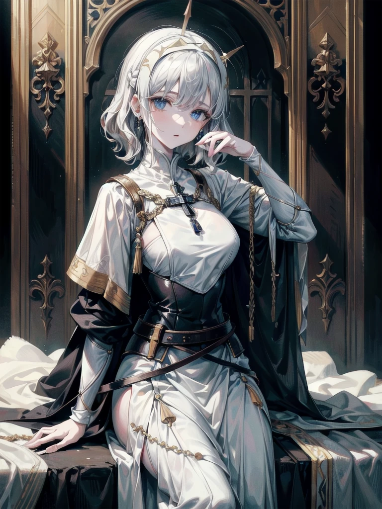 whole body, Joan of Arc, absurdres, RAW photo, extremely delicate and beautiful, masterpiece, Best Quality, ultra high resolution, 32k, hyperrealistic, ultra-detailed, perfect figure, detailed description, pale skin, 20 years old, detailed beautiful face and eyes, tearful mole, earring, short medium hair, wavy hair,