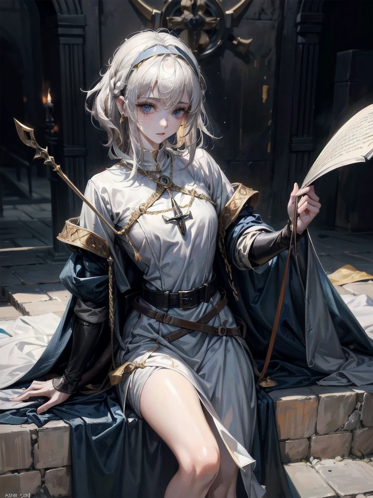 (Masterpiece, Best quality), ((1girll, Solo, Adult woman)), crouched, holding a scythe, Bare feet, Black flowing robe, Hooded robe, Animal skulls and bones, Gold and silver, Pastel color scheme