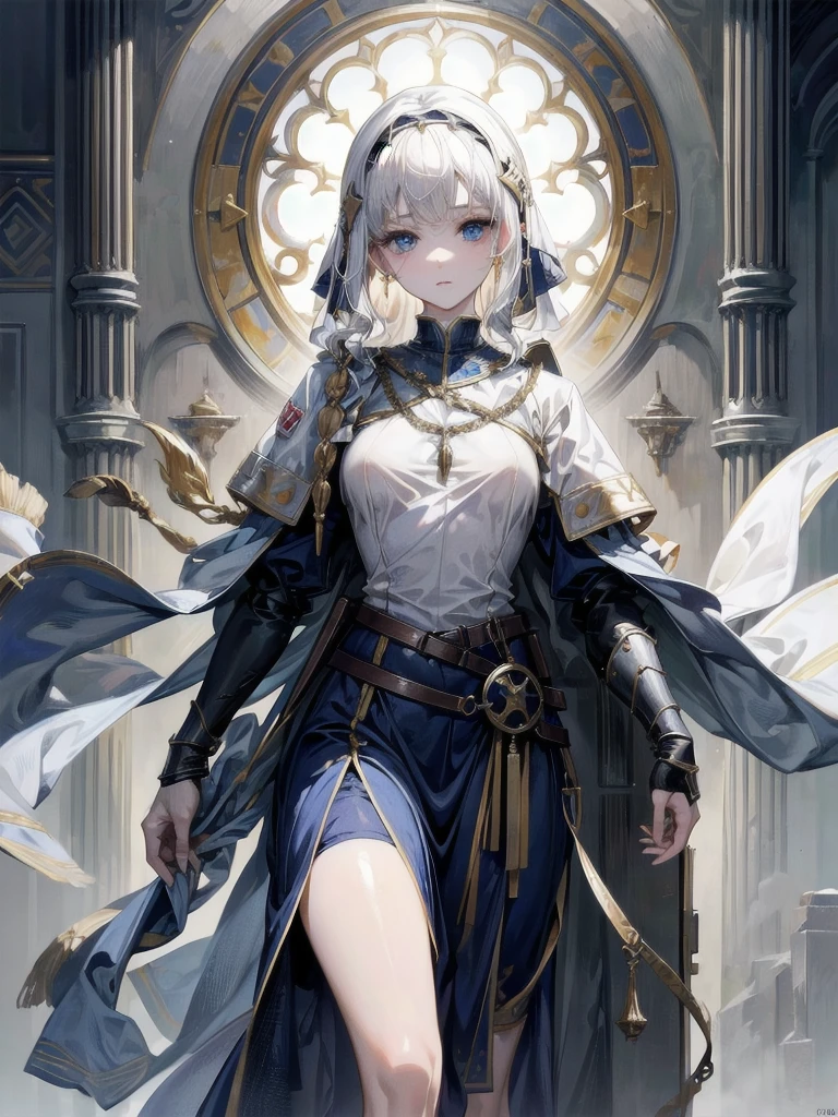 whole body, Joan of Arc, absurdres, RAW photo, extremely delicate and beautiful, masterpiece, Best Quality, ultra high resolution, 32k, hyperrealistic, ultra-detailed, perfect figure, detailed description, pale skin, 20 years old, detailed beautiful face and eyes, tearful mole, earring, short medium hair, wavy hair,