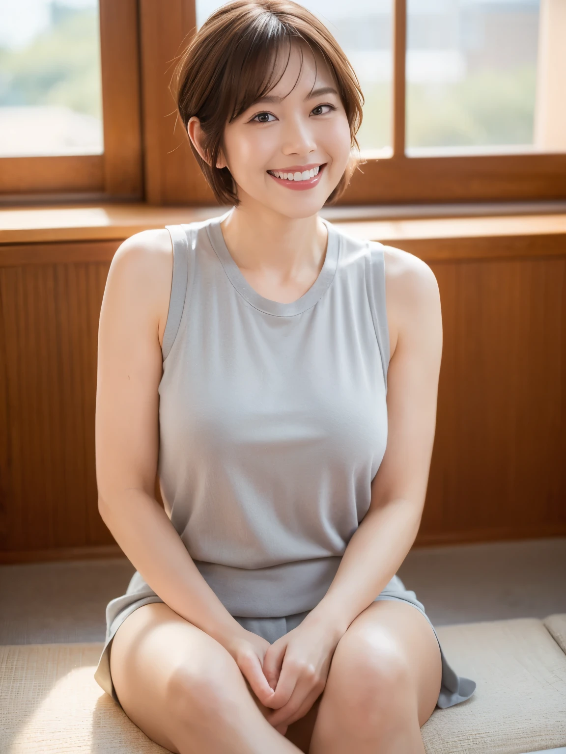 Tabletop, Beautiful woman, (30 years old、Japanese), (Background of a large window with a view of the sea、mechanical、Villa Area、Seaside Mansion、High ceilings、White wall、White floor), ,(((Grey tank top、Black spats))), (((short hair、Bob Hair, Brown Hair))), （D cup breasts：1.3）、feet, (Skin Texture:1.1), highest quality, 超A high resolution, (Realistic: 1.4), RAW Photos, , Nikon D850 film stock photo, f1.6 Lenses, Rich colors, Realistic, Cinestill 800, Backlight, Rim Light, Studio Lighting, (Bright smile:1.5)