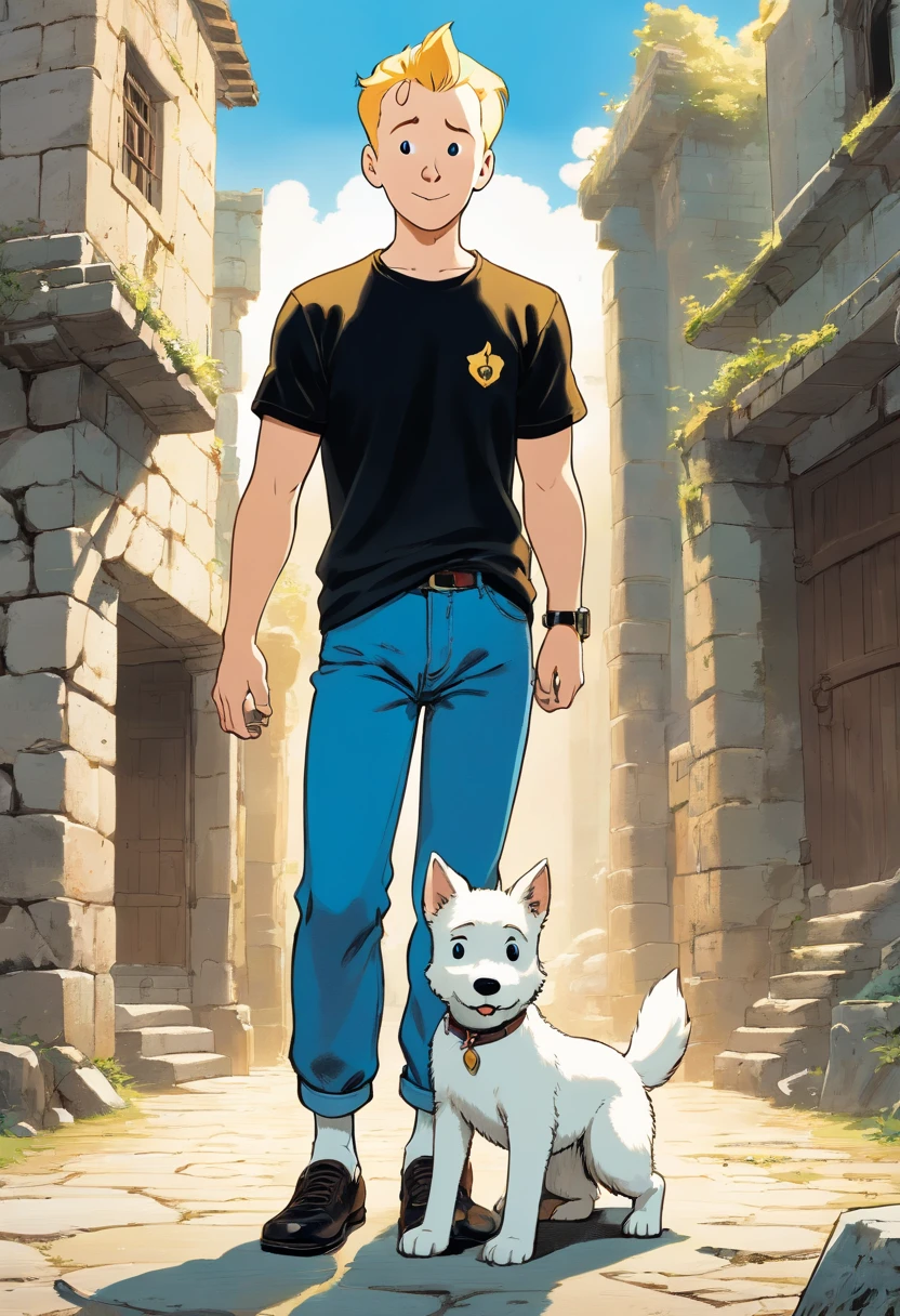 Tintin, male wearing black t-shirt and blue blue denim pants, short blonde hair, herge, european comics, heroic pose, Indonesian ruins, with little white fox terrier dog