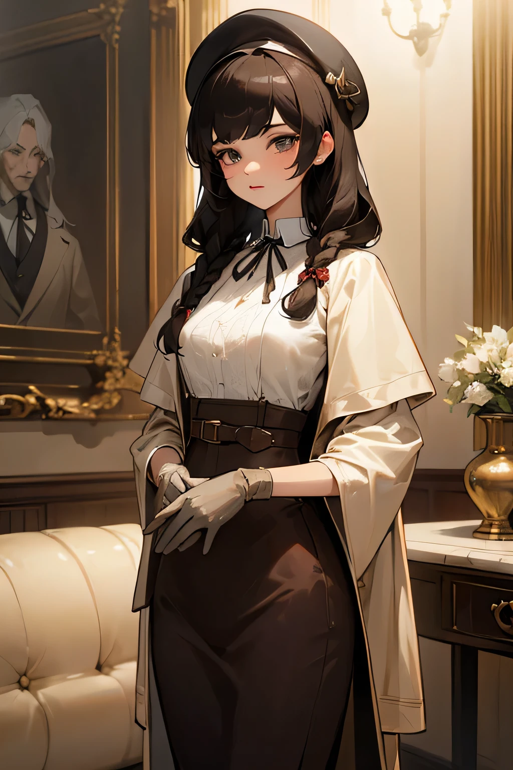 highest quality、High resolution、Detailed Background、(Beautiful face in every detail:1.4)、Anatomically correct、(Detailed facial expressions)、(Detailed eyes:1.2)、Teenage beauty、(Highly detailed face:1.4)、Black Hair、Brown Hair、Bobcut、Braided long hair、Wavy Hairstyle、well-groomed eyebrows、Cute Eye Makeup、Cute Lip Makeup、Do cute things、Princess Style、Elegant atmosphere、
(A girl in an elegant ladylike outfit in a spacious Western-style mansion:1.5)、
Choose a high-necked blouse made of soft, shiny velvet.、
We recommend elegant wine red or navy.、
The A-line skirt made of tweed with a classic feel is ladylike.、
Knee-length or slightly longer midi length is elegant.、Grey or beige tweed、
Put on a woolen coat with a belt、We recommend camel or greige for a classy look.、The velour collar adds an accent、
Pair with suede side gore boots、The stylish silhouette creates a ladylike atmosphere.、Black and dark brown are stylish、
Pair it with a classy pearl necklace for an elegant look.、
Add gloves made of lace for an elegant look.、
Wearing a velour beret will give you a sophisticated look.、
Ornate marble staircase、A luxuriously decorated reception room with high ceilings、A painting room decorated with paintings, sculptures and other artworks、A library with books and magazines、Four Seasons Discount々Flowers々A garden in full bloom、The interior of the Western-style building and garden、very beautiful