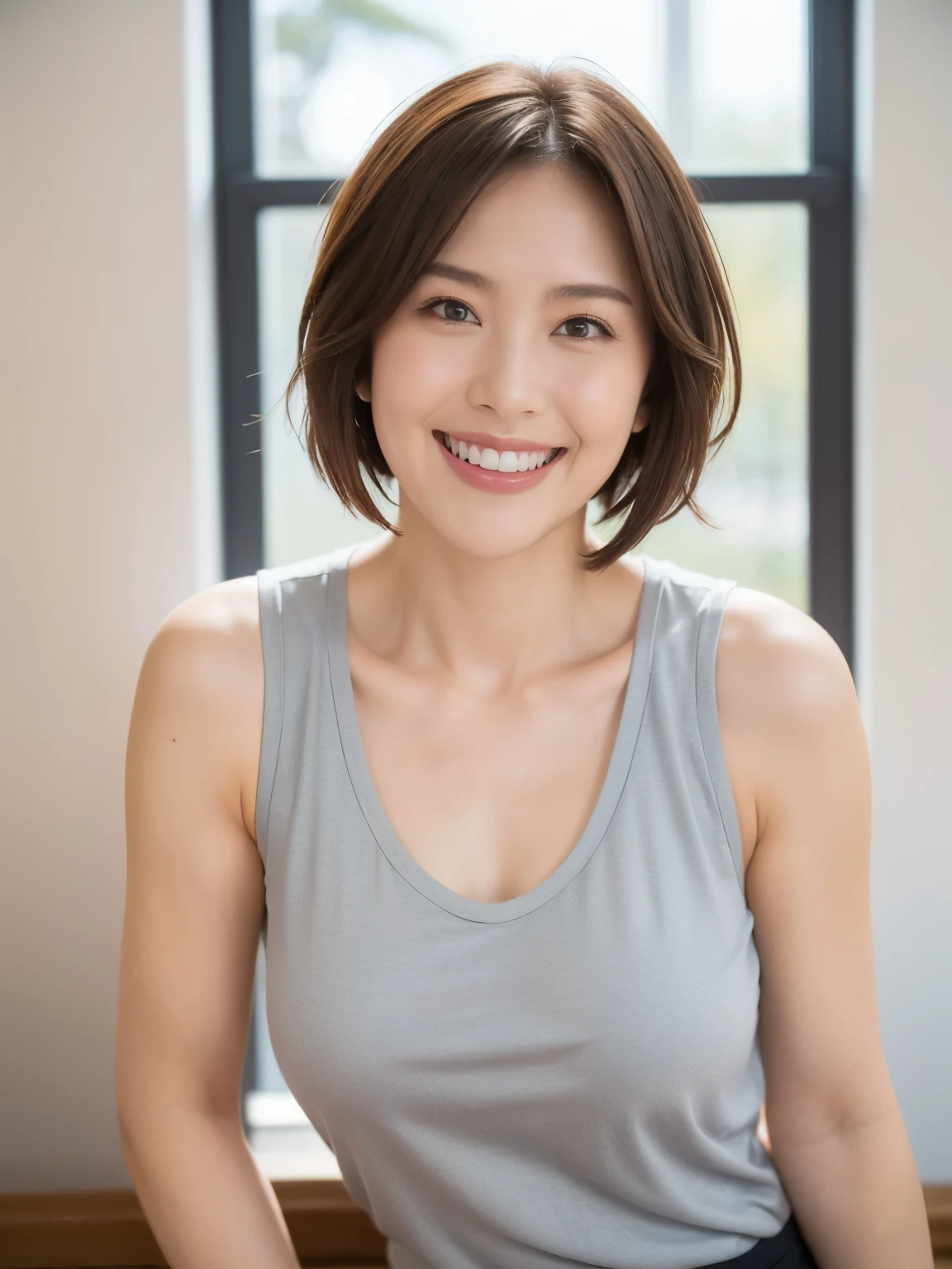 Tabletop, Beautiful woman, (30 years old、Japanese), (Background of a large window with a view of the sea、mechanical、Villa Area、Seaside Mansion、High ceilings、White wall、White floor), ,(((Grey tank top、Black spats))), (((short hair、Bob Hair, Brown Hair))), (D cup breasts:1.6)、feet, (Skin Texture:1.1), highest quality, 超A high resolution, (Realistic: 1.4), RAW Photos, , Nikon D850 film stock photo, f1.6 Lenses, Rich colors, Realistic, Cinestill 800, Backlight, Rim Light, Studio Lighting, (Bright smile:1.5)