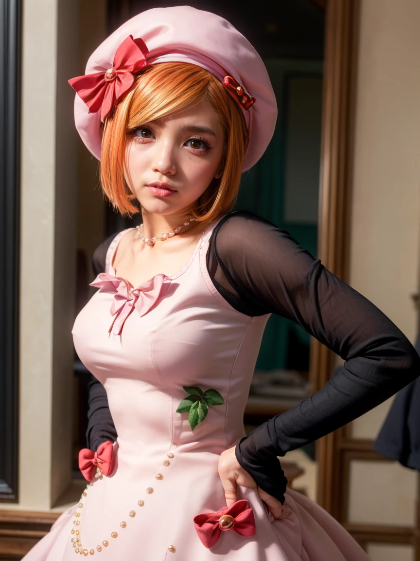 (1 lady), The beautiful, (Best quality at best:1.4), (ultra - detailed), (extremely detailed CG unified 16k), orange redhair, very detailed, High-definition RAW color photo, professional photoshooting, amazing face and eyes, cosmetics, (amazingly beautiful girl), ((lambdadelta, tall woman, taller)), ((dress, red bow, pink hat, necklace, gloves, pearl, pink dress)), standing, realistic cinematic face, photo portrait, upper body (shoulders to head), photorealistic, ((realistic natural orange redhair style, red eyes)), gorgeous, extremely beautiful face, perfect model beauty, pout mouth, flirting smile, cleavages, city girl, western, (masterpiece), best quality, high resolution, extremely detailed, blurred background, depth of field, cinematic lighting, clear and well-cared skin