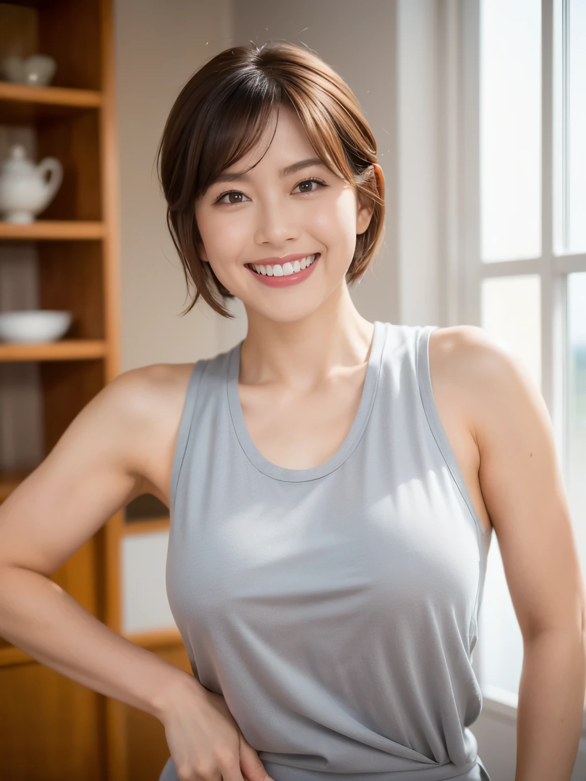 (RAW photo highest quality) (Realistic photo-like: 1.3) Top quality masterpiece、Very delicate and beautiful、Highly detailed CG Unity 32k wallpaper、An amazingly detailed masterpiece、Yellow sheer mesh bodysuit、Happy smile、Best quality CG Unity 32k wallpaper、Huge file sizes、Ultra-detailed high resolution、Highly detailed 1 Chinese girl、Slim body、Slim Abs、big breasts、Staring at the big camera (short hair) (brown hair) sharp focus hyperrealism on the beach