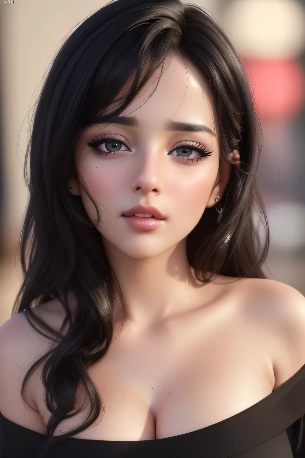 (best quality,4k,8k,highres,masterpiece:1.2),ultra-detailed,(realistic,photorealistic,photo-realistic:1.37),portraits,black hair,sexy woman, seductive eyes,intense gaze, parted mouth,deep blush,flustered,beautiful face,amazing makeup,off shoulder t shirt