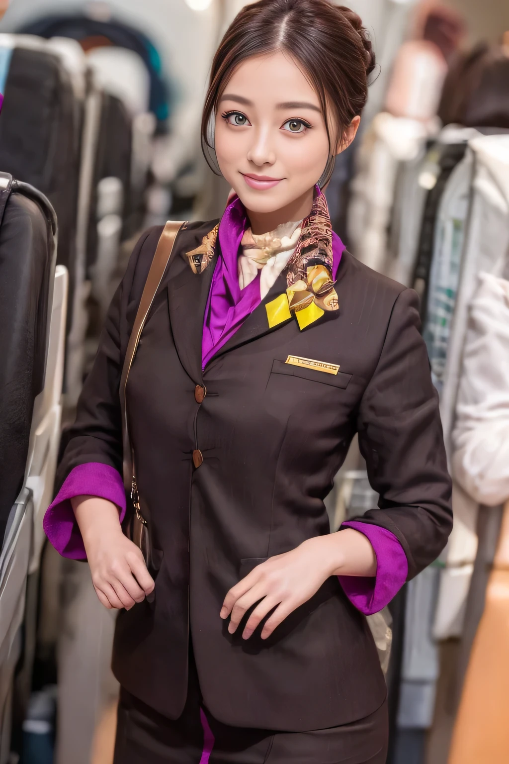 (masterpiece:1.2、highest quality:1.2)、32K HDR、High resolution、(alone、1 girl、Slim figure)、(A realistic reproduction of the ETIHAD Airways Cabincrew Uniform)、 (On board, Professional Lighting)、A proper woman, Beautiful Face,、(Long sleeve ETIHAD Airways Cabincrew Uniform)、(ETIHAD Airways Cabincrew Uniform skirt with purple stripe on the front)、(scarf on chest)、Big Breasts、(Long Hair Up、Hair Bun)、Dark brown hair、Long Shot、((Great hands:2.0))、((Harmonious body proportions:1.5))、((Normal limbs:2.0))、((Normal finger:2.0))、((Delicate eyes:2.0))、((Normal eyes:2.0)))、Beautiful standing posture、smile