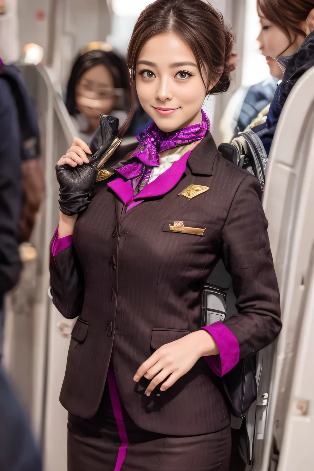 (masterpiece:1.2、highest quality:1.2)、32K HDR、High resolution、(alone、1 girl、Slim figure)、（A realistic reproduction of the ETIHAD Airways Cabincrew Uniform）、 (On board, Professional Lighting)、A proper woman, Beautiful Face,、（Long sleeve ETIHAD Airways Cabincrew Uniform）、（ETIHAD Airways Cabincrew Uniform skirt with purple stripe on the front）、（scarf on chest）、Big Breasts、（Long Hair Up、Hair Bun）、Dark brown hair、Long Shot、（（Great hands：2.0））、（（Harmonious body proportions：1.5））、（（Normal limbs：2.0））、（（Normal finger：2.0））、（（Delicate eyes：2.0））、（（Normal eyes：2.0））)、Beautiful standing posture、smile