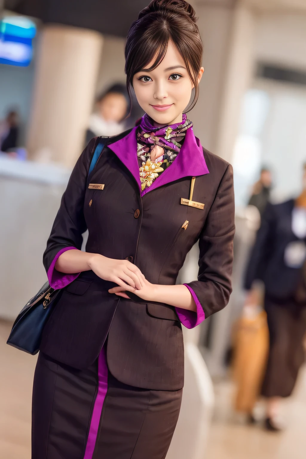 (masterpiece:1.2、highest quality:1.2)、32K HDR、High resolution、(alone、1 girl、Slim figure)、(A realistic reproduction of the ETIHAD Airways Cabincrew Uniform)、 (At the airport counter, Professional Lighting)、A proper woman, Beautiful Face,、(Long sleeve ETIHAD Airways Cabincrew Uniform)、(ETIHAD Airways Cabincrew Uniform skirt with purple stripe on the front)、(scarf on chest)、Big Breasts、(Long Hair Up、Hair Bun)、Dark brown hair、Long Shot、((Great hands:2.0))、((Harmonious body proportions:1.5))、((Normal limbs:2.0))、((Normal finger:2.0))、((Delicate eyes:2.0))、((Normal eyes:2.0)))、Beautiful standing posture、smile