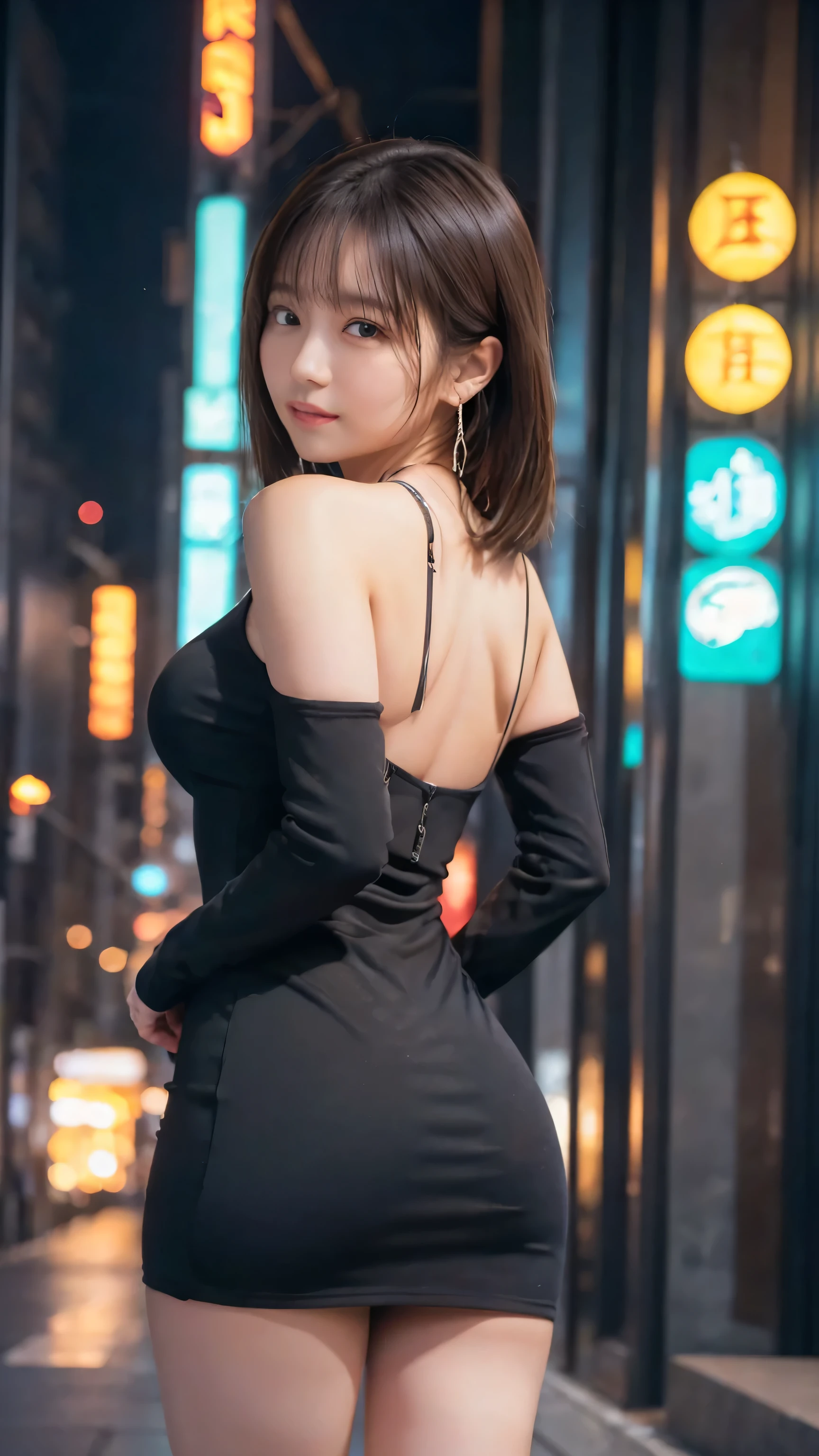 One girl, Realistic, alone, (8k, highest quality, masterpiece:1.2), highest quality, 20-year-old, Beautiful woman, cute, High-definition RAW color photos, Professional photos, Highly detailed background, cute girl, Shiny skin, Slender body, dark blown hair, smile, Beautiful and detailed eyes, Famous Japanese Idols, cute, necklace, Earrings, whole body, Neon City, Night City, Neon Signs, Dynamic Lighting, Beautiful feet, View Viewer, Brush your hair up, Tight dress, Model pose, Big Breasts:08,Big Ass,Captivating thighs