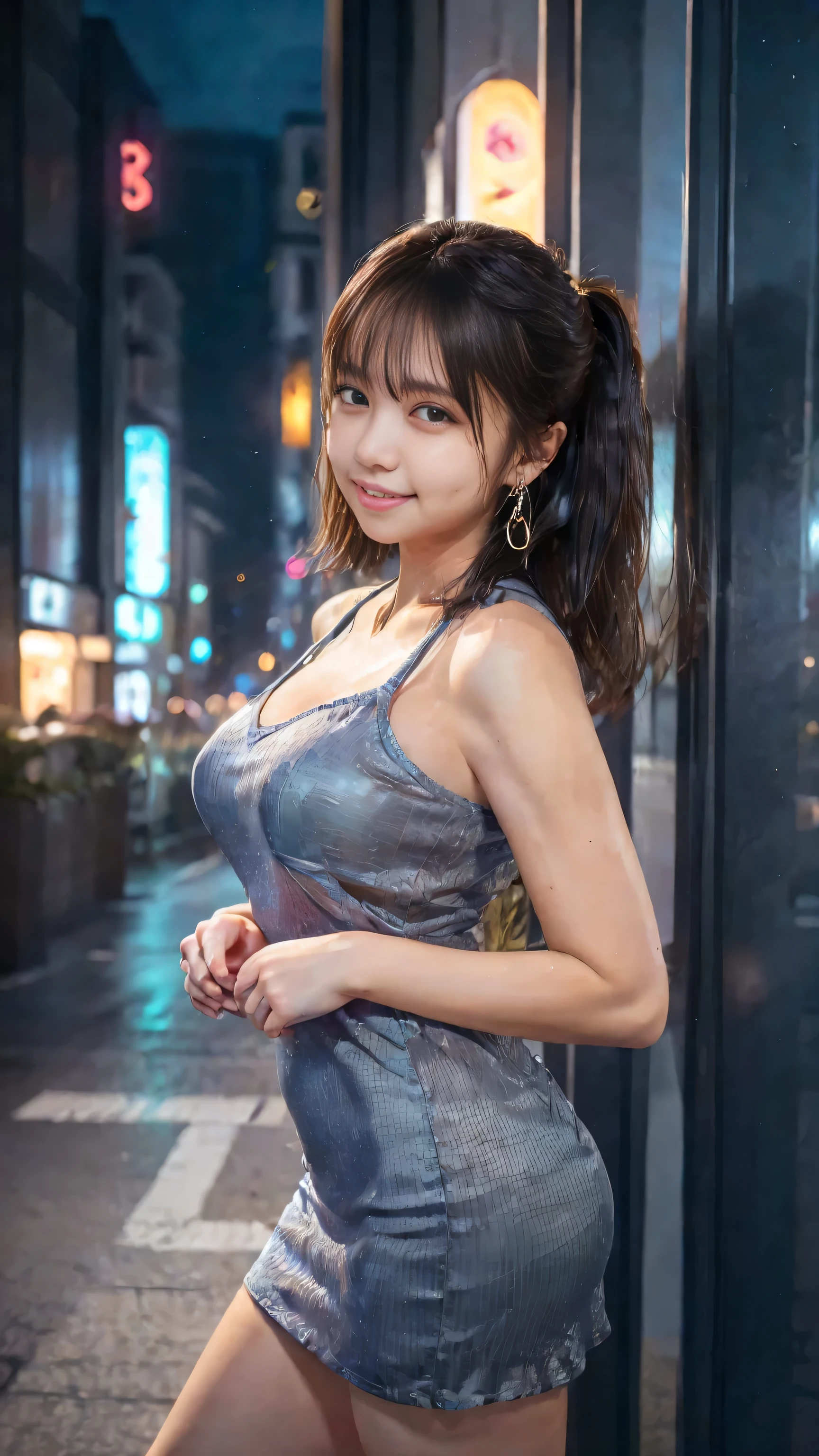 One girl, Realistic, alone, (8k, highest quality, masterpiece:1.2), highest quality, 20-year-old, Beautiful woman, cute, High-definition RAW color photos, Professional photos, Highly detailed background, cute girl, Shiny skin, Slender body, dark blown hair, smile, Beautiful and detailed eyes, Famous Japanese Idols, cute, necklace, Earrings, whole body, Neon City, Night City, Neon Signs, Dynamic Lighting, Beautiful feet, View Viewer, Brush your hair up, Tight dress, Model pose,