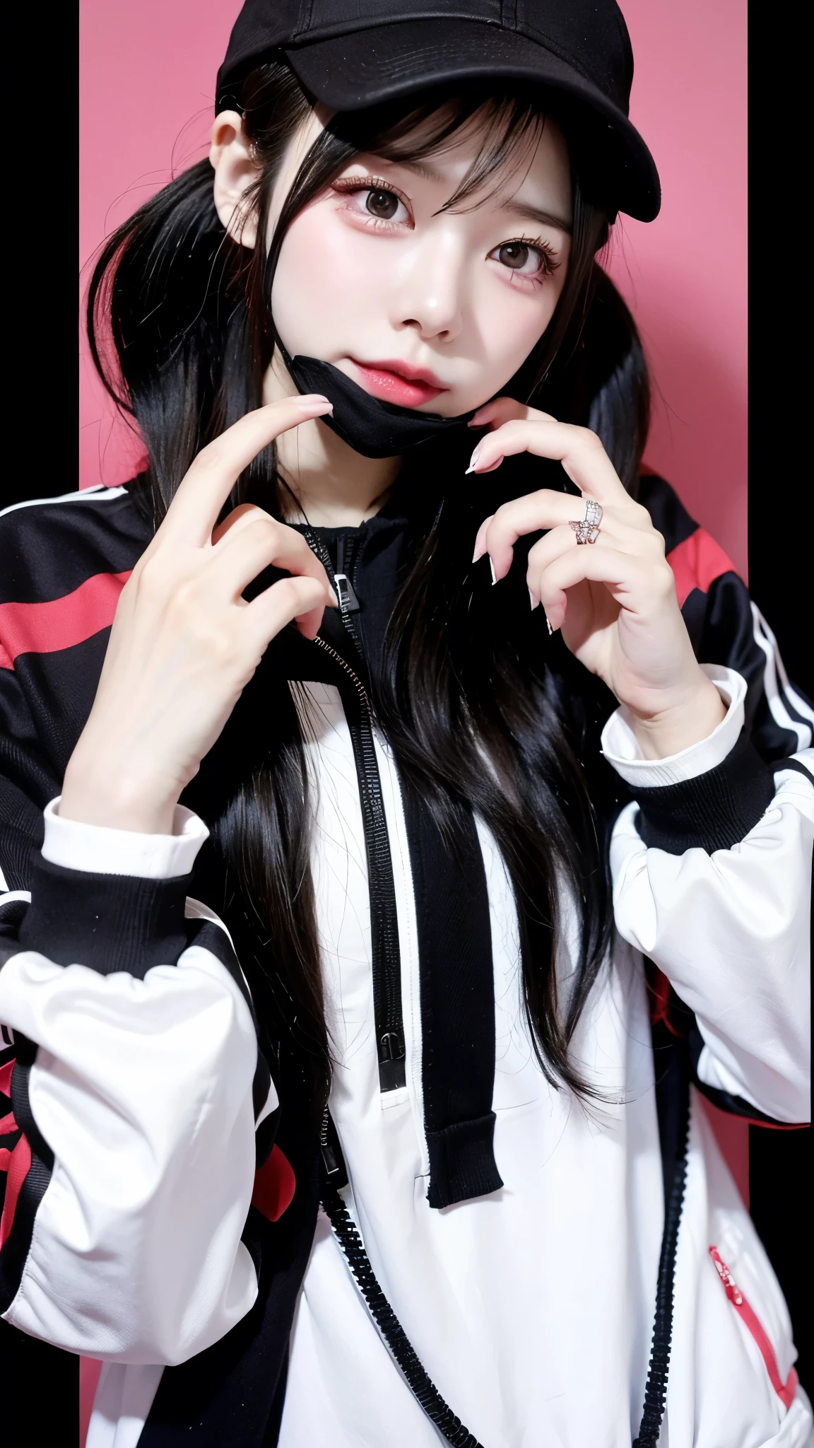arafed woman with headphones and a baseball cap on, ulzzang, 🤤 girl portrait, anime girl in real life, korean girl, pale round face, korean symmetrical face, anime vibes, guweiz, 19-year-old girl, girl cute-fine-face, artwork in the style of guweiz, cruel korean goth girl、Black Mask、Pull the mask