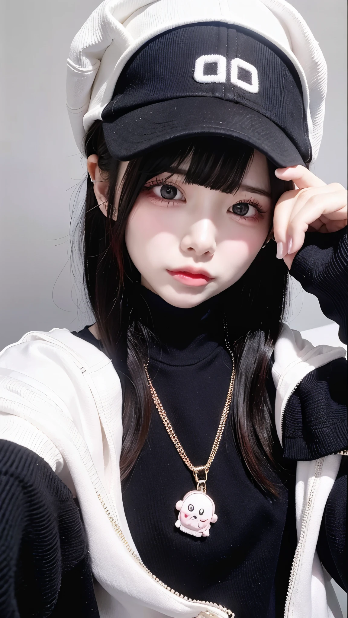 arafed woman with headphones and a baseball cap on, ulzzang, 🤤 girl portrait, anime girl in real life, korean girl, pale round face, korean symmetrical face, anime vibes, guweiz, 19-year-old girl, girl cute-fine-face, artwork in the style of guweiz, cruel korean goth girl、Black Mask、Pull the mask