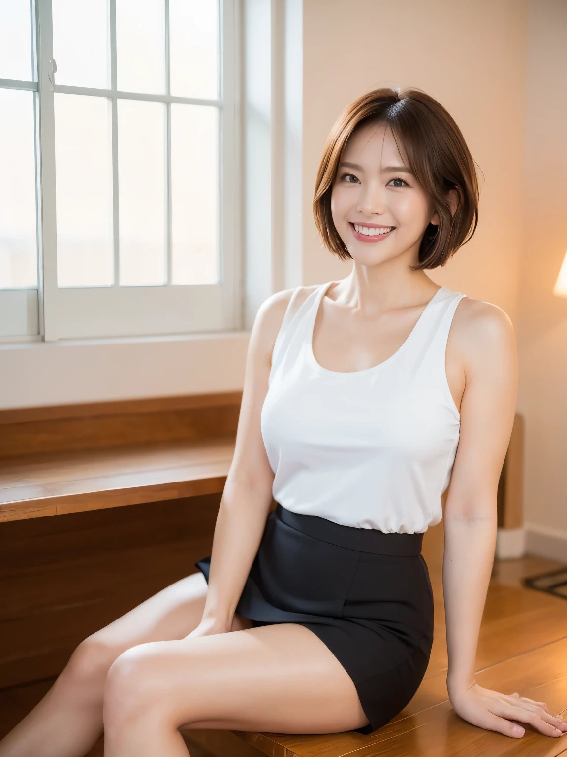 Tabletop, Beautiful woman, (30 years old、Japanese), (Background of a large window with a view of the sea、mechanical、Villa Area、Seaside Mansion、High ceilings、White wall、White floor), ,(((Orange dress))),(White pencil skirt), (((short hair、Bob Hair, Brown Hair))), (Standard body shape)、(D cup breasts:1.6)、feet, (Skin Texture:1.1), highest quality, 超A high resolution, (Realistic: 1.4), RAW Photos, , Nikon D850 film stock photo, f1.6 Lenses, Rich colors, Realistic, Cinestill 800, Backlight, Rim Light, Studio Lighting, (Bright smile:1.5)